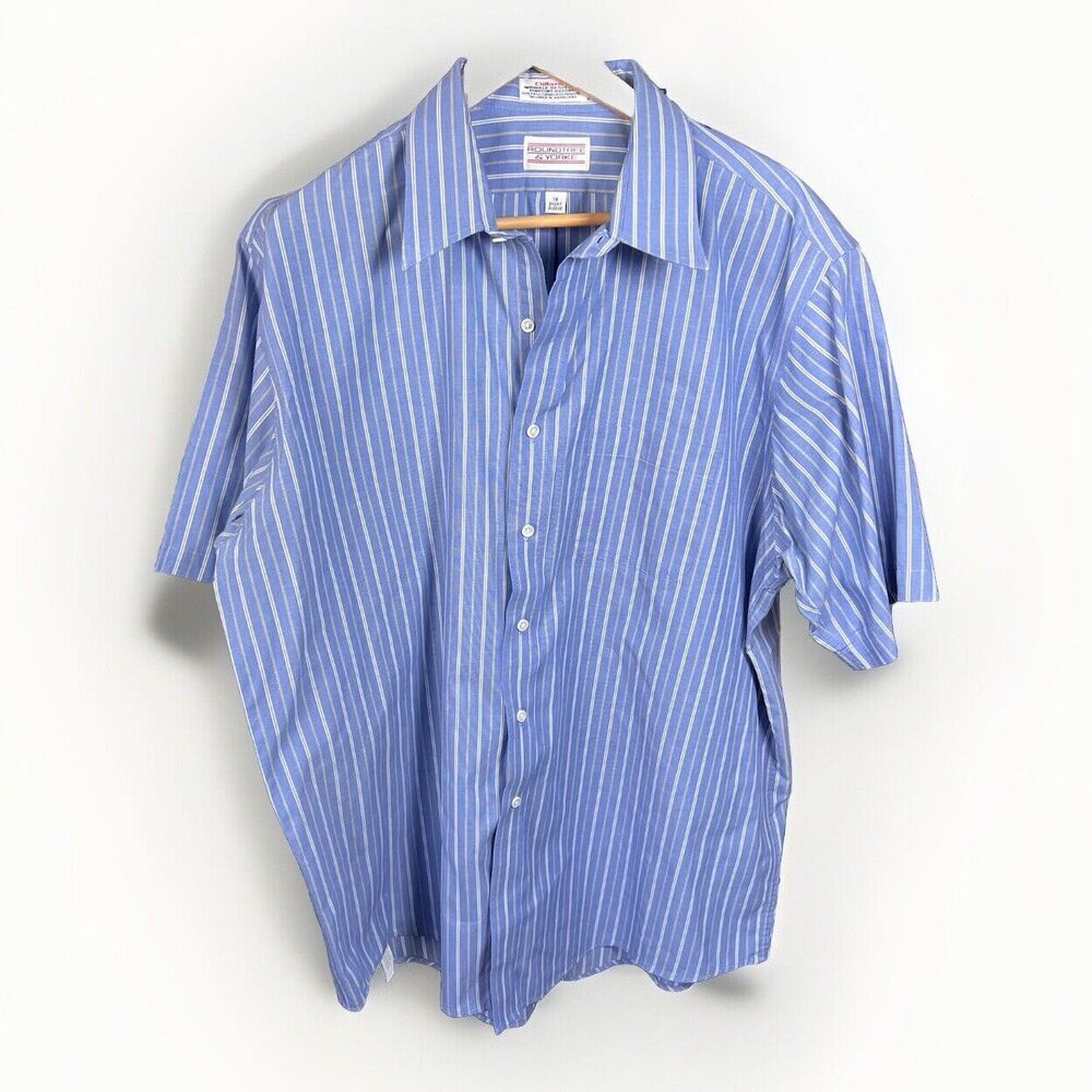Roundtree & Yorke Mens Size 18 Blue‎ Striped Button Up Short Sleeve Shirt